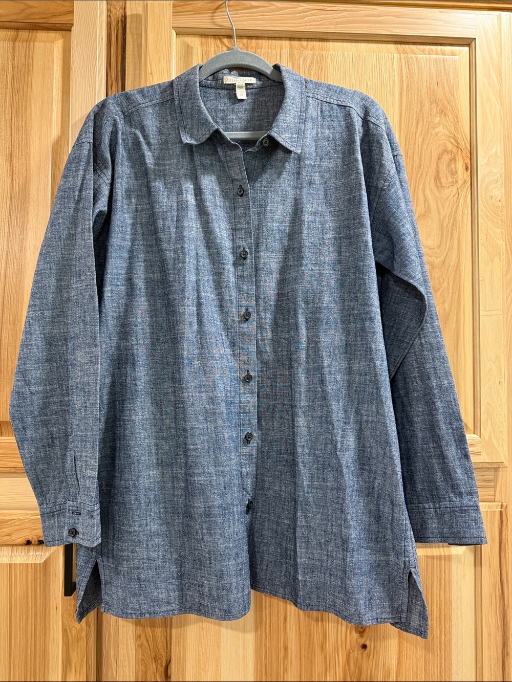 Eileen Fisher Sz S Tunic HempOrganic Cotton Blue Chambray Shirt Button Up Shirt